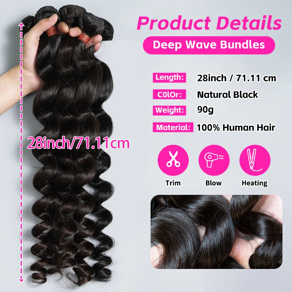 Mèches Deep Wave Brésiliennes 100% Naturelles, Extensions de Cheveux, 30 32 Pouces