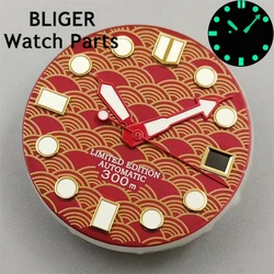 BLIGER 28.5mm Fish Scale Pattern Watch Dial Red Gold Dial Green Luminous For NH34 NH35 Movement 3 o'clock and 3.8 crown