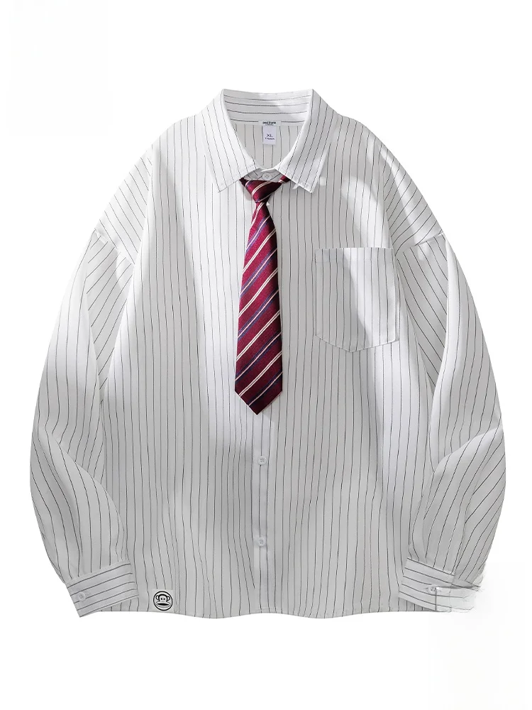 

PaulFrank Large-Mouth Monkey Stripe Long-Sleeve Loose Casual Shirt for Men Trendy Spring Brand Open-Collar Polyester Fiber