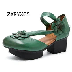 2025 Summer Full Genuine Leather Classic Flowers Shoes Women Fashionable Sandals Thick Sole Heightening Sandals Trendy Sandals