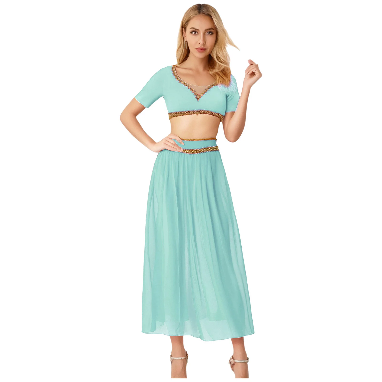 

Women Arab Indian Stylish Belly Dance Performance Costume Crop Top And Slit Chiffon Long Skirt Belly Stage Competition Outfits