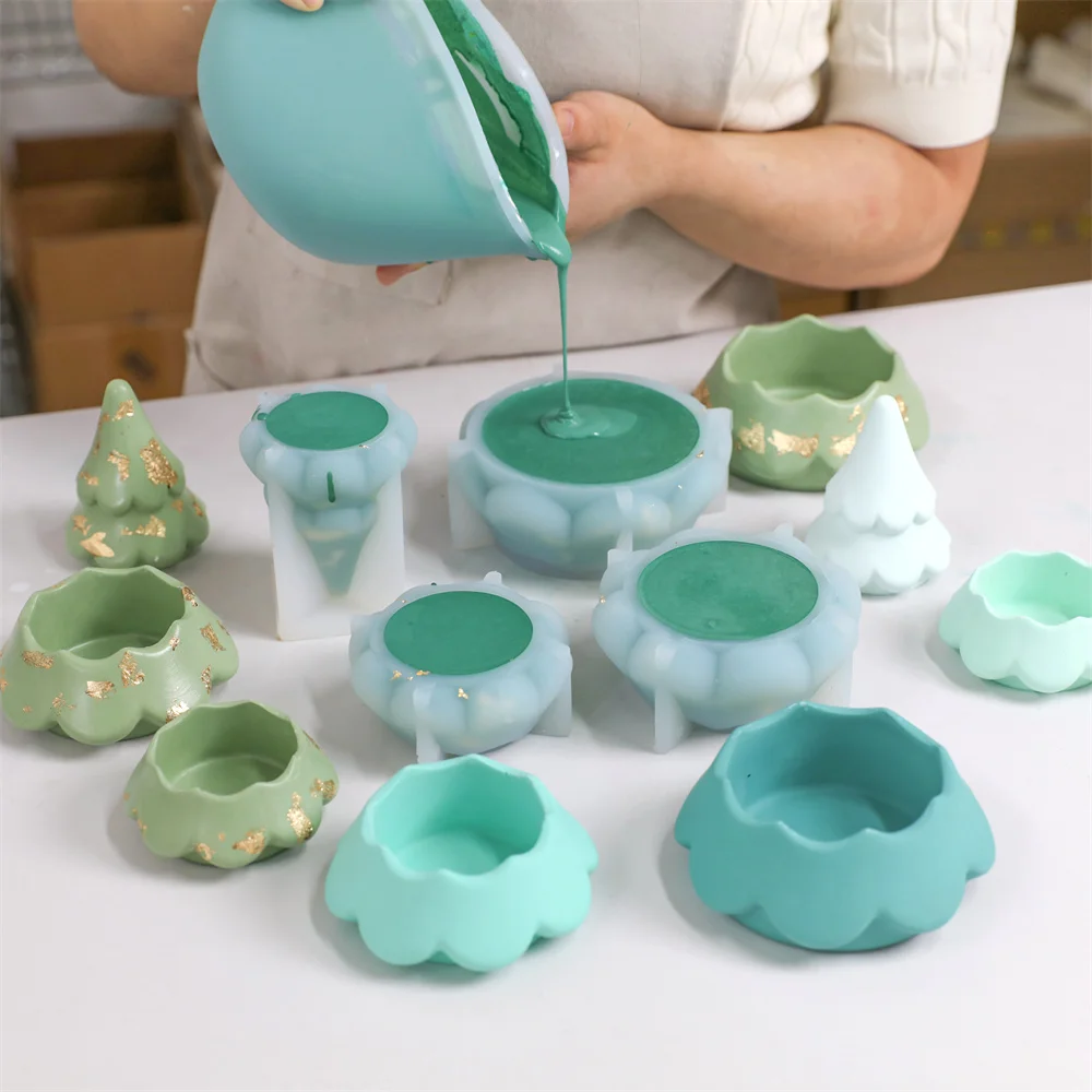 Blooming Stacking Christmas Tree Candle Jar Silicone Molds for Concrete Jesmonite Cement DIY Christmas Craft Gifts