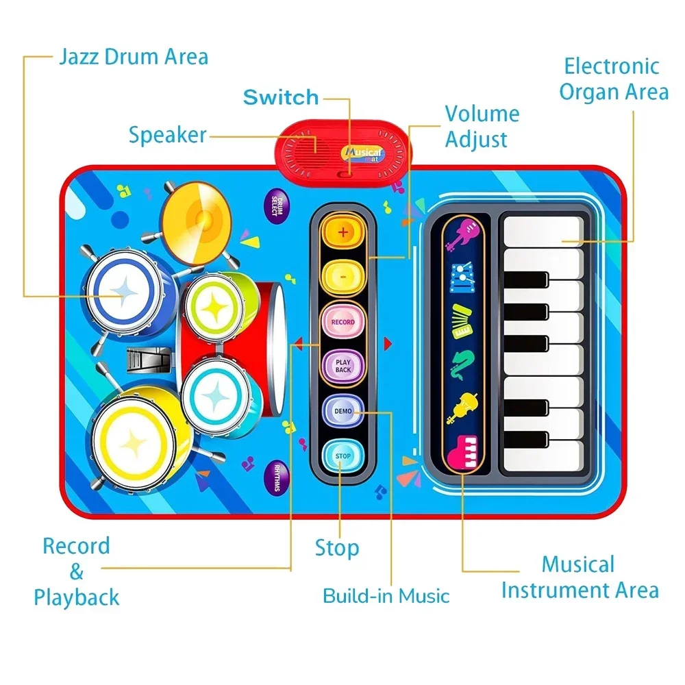 Children's 2In1 Musical Blanket Drum Piano Keyboard Electronic Multifunctional Jazz Instrument Educational Toys Boys Girls Gift