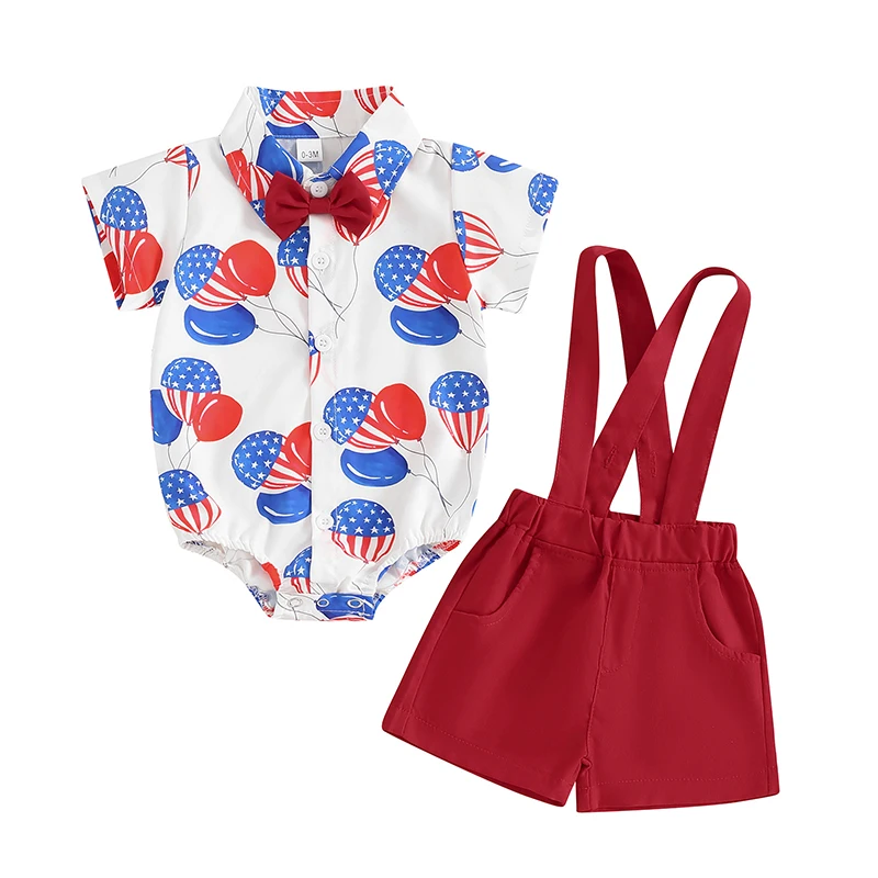 Baby Boys Shorts Set Balloon Baseball Print Romper with Overall Shorts and Bow Tie Summer Outfit for 4th of July