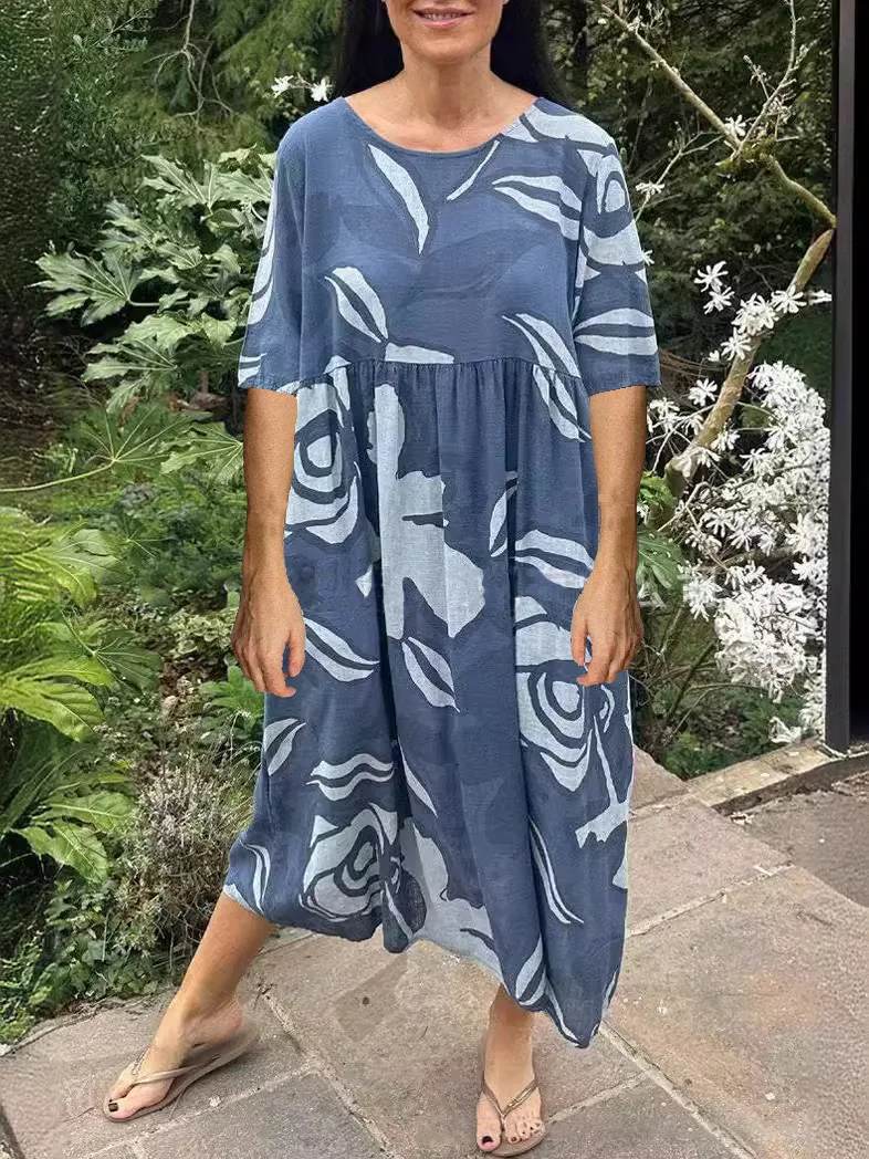 Casual Flower Print Dress Loose O-neck Half Sleeved A-line Midi Dress Spring Summer Fashion New Commuting Dresses For Women