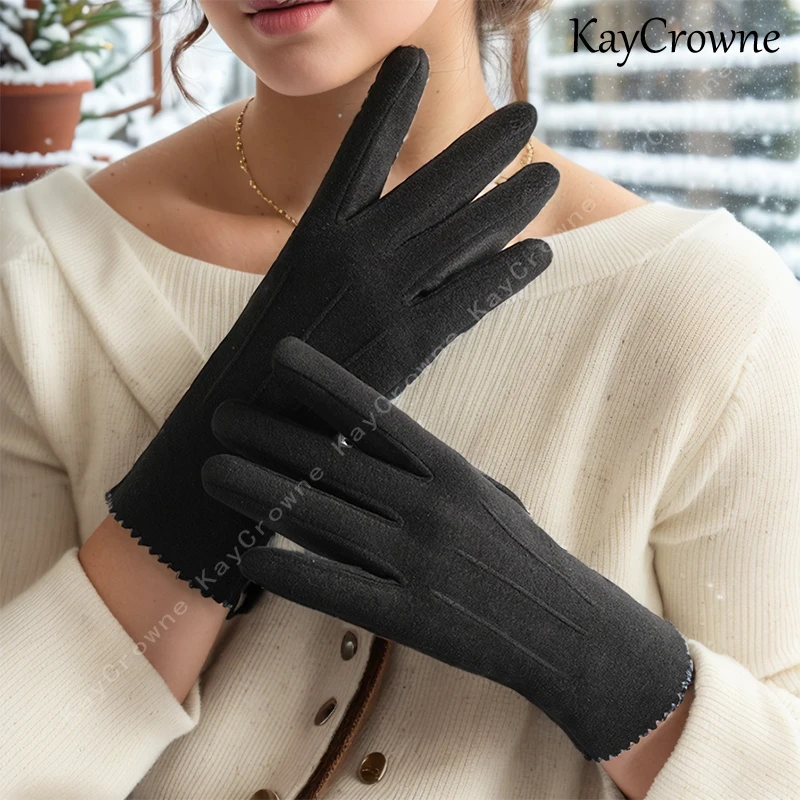 

Slim Vintage Windproof Touch Screen Gloves Women Winter Full Finger Hand Warmer Suede Glove Female Young Students Wholesale G027