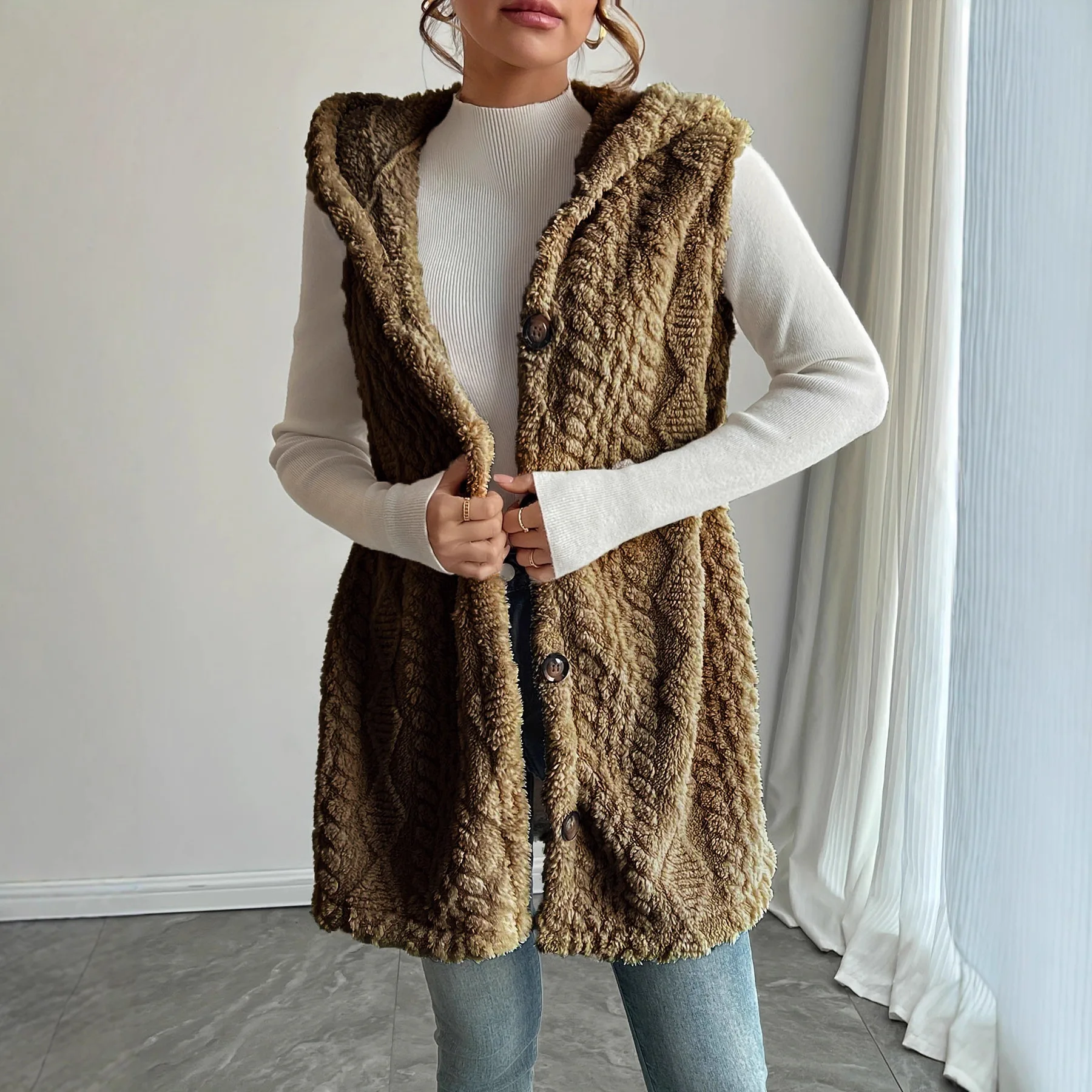 2026 Casual Sleeveless Thick Vest Coat Woman Solid Hooded Warm Plush Waistcoat Lady Autumn Winter Apricot Vest Jacket