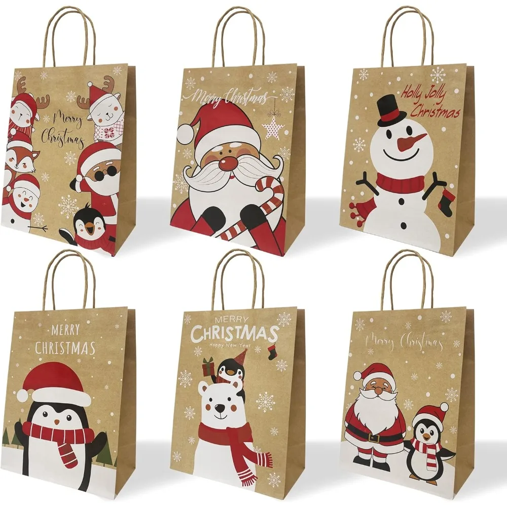 

24PCS Christmas Gift Bags with Handles – 6 Festive Designs Medium Holiday Kraft Paper Bags for Kids, Adults, Party Favor,