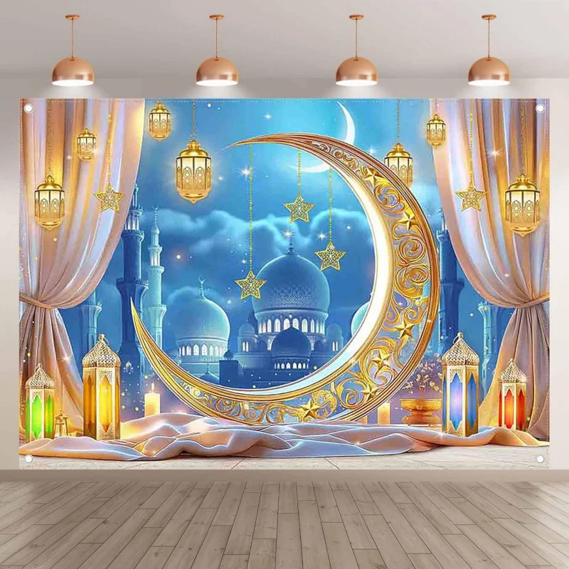 VIKAMA Moon And Star Mosque Theme Banner Ramadan Eid Mubarak Decor Backdrop Islamic Style Festival Party Hanging Cloth