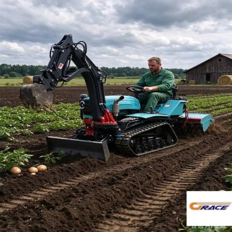Garden & Farm Mini Crawler Tractor, Optional Excavator Arm Kit, Log Grapple, Rock Breaker Hammer, Earth Auger