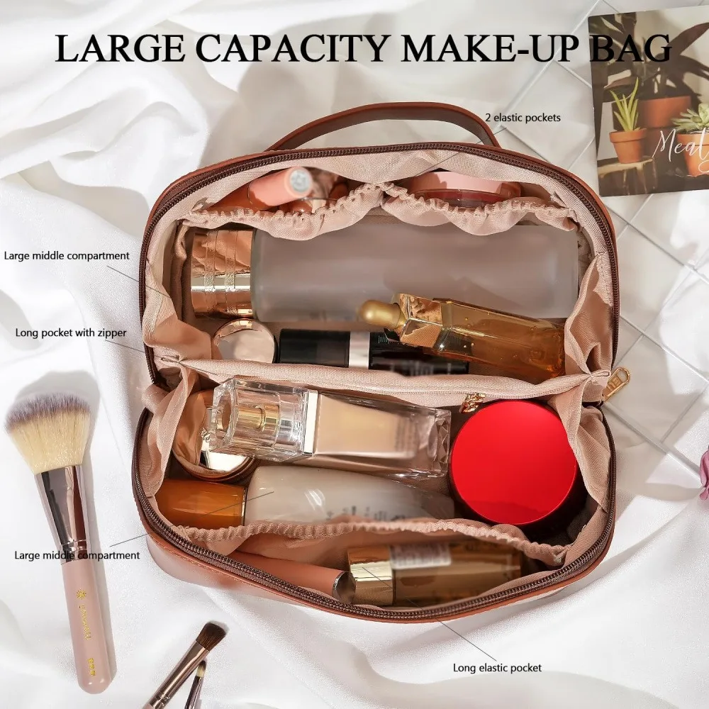 Large Capacity PU Travel Makeup Bag, Waterproof Cosmetic Organizer Pouch with Handle, Multi-Compartment Storage for Lipstick, Foundation, Brushes, and Skincare, Random Color: Black, White, Brown, Rose Pink