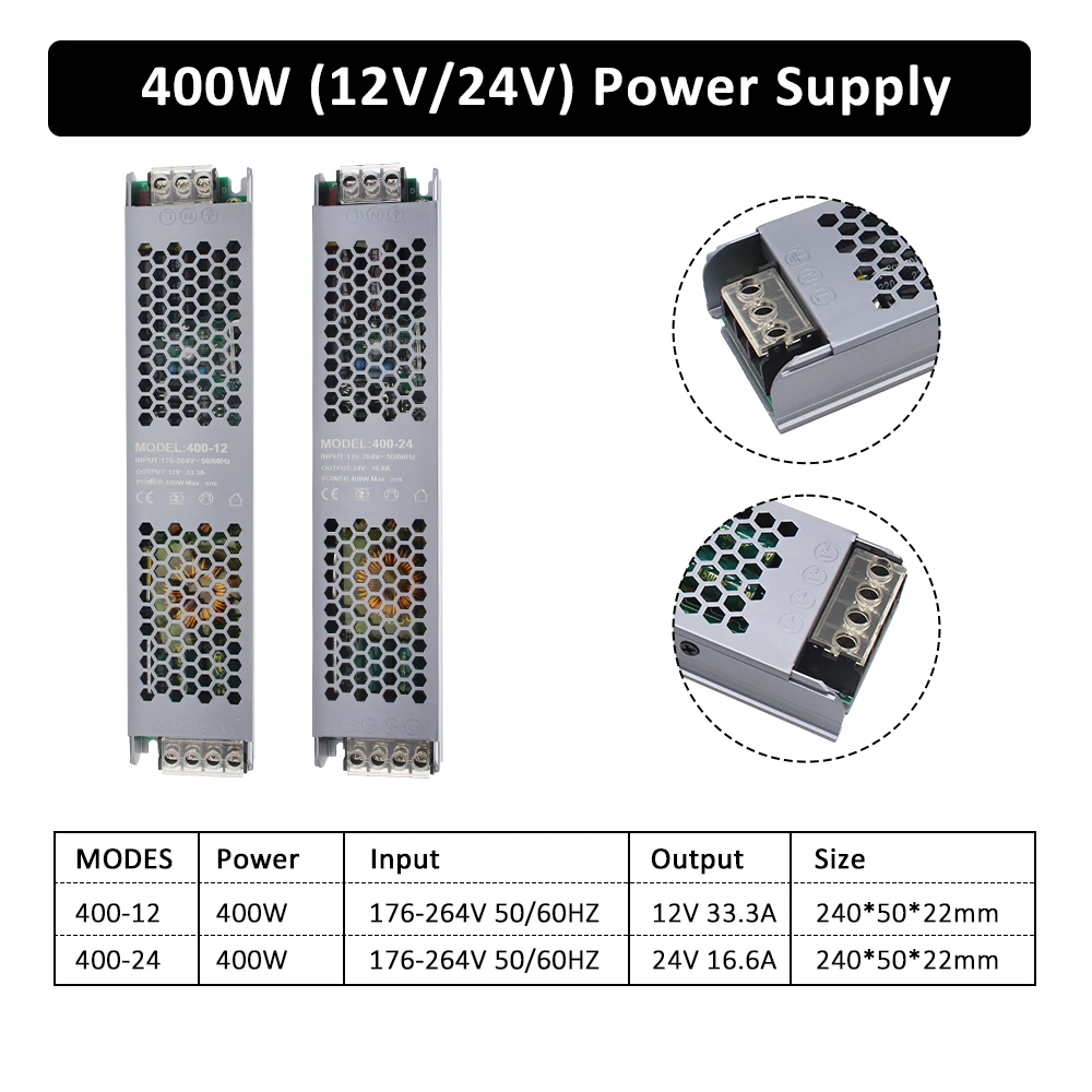 Fuente de alimentación para tiras Led, transformador convertidor de voltaje de 60W, 220 W, 100W, 200W, 300W y 400W, CA de 110V a CC de 12V y 24V