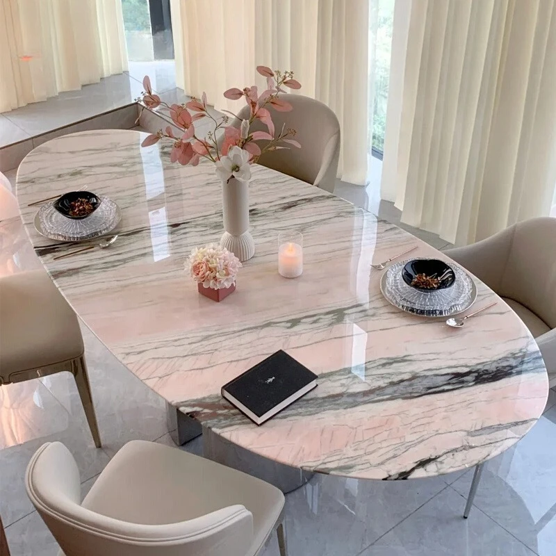 

Imported natural luxury stone smoke powder dining table Oval villa large flat marble water drop dining table