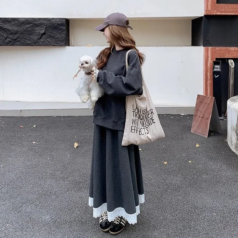 2026 Women Two Piece Sets Kintted Sweater Skirt Spring Autumn Korean Casual High Waist Skirt New Suit