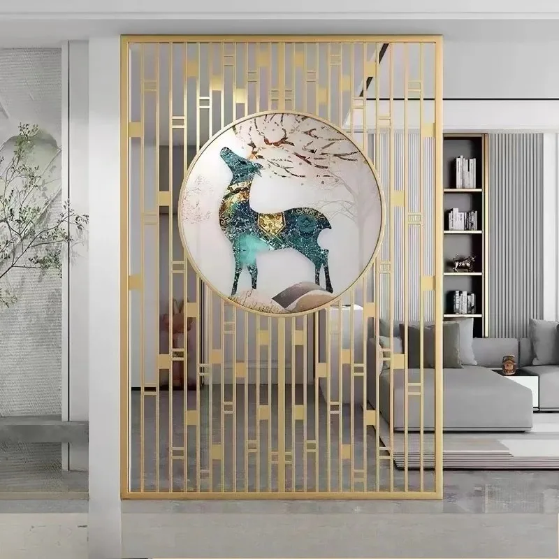 Aço inoxidável rosa ouro oco treliça vidro acrílico pintura decorativa tela de arte casa partição fundo parede
