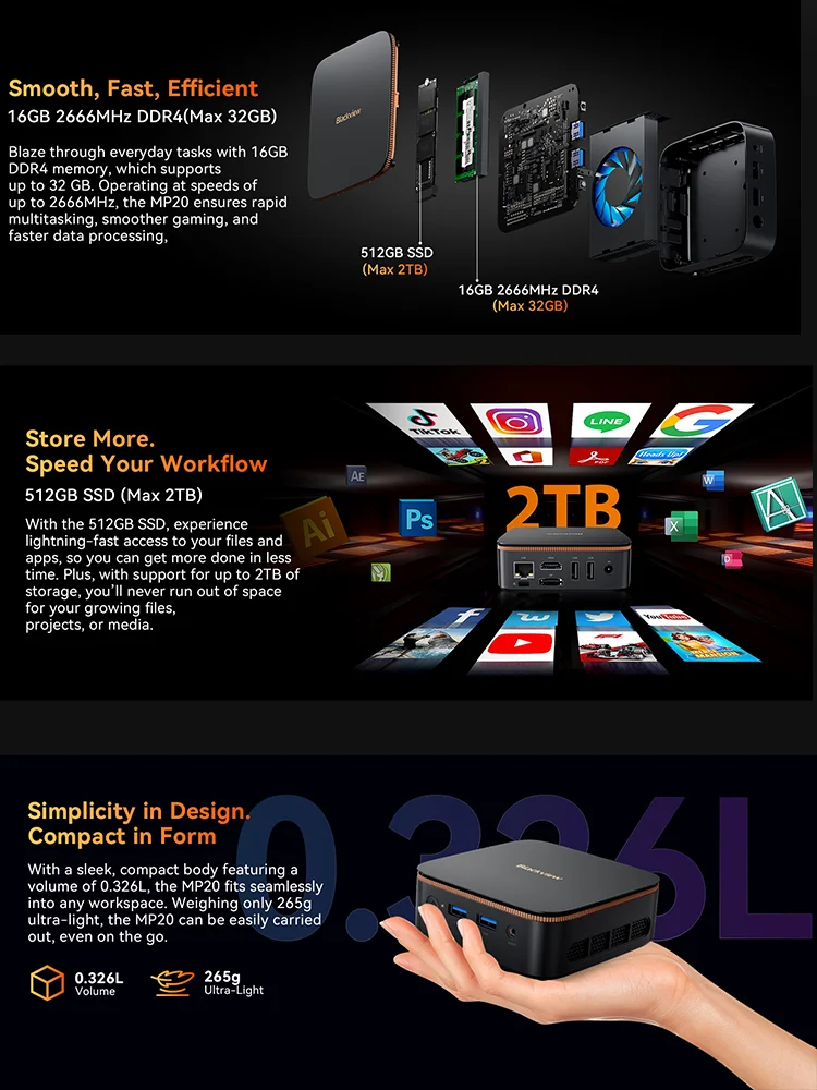 Blackview MP20 Mini PC 16GB 2666MHz DDR4 512GB SSD AMD Ryzen 3 3300U Prozessor Bis zu 3.5GHz 4K Windows 11 Pro Mini-Computer für Büro und Zuhause – Detail 3