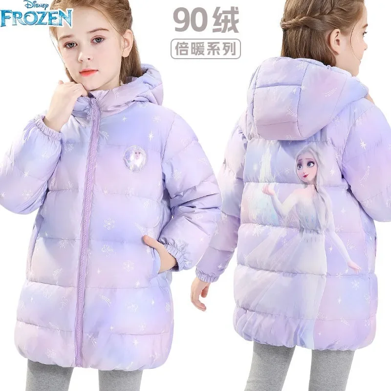 Disney Frozen Elsa Girls' Down Jacket Children's Hooded Mid-Length Baby Warm Fashion Cute Printed Down Jacket Birthday Gift