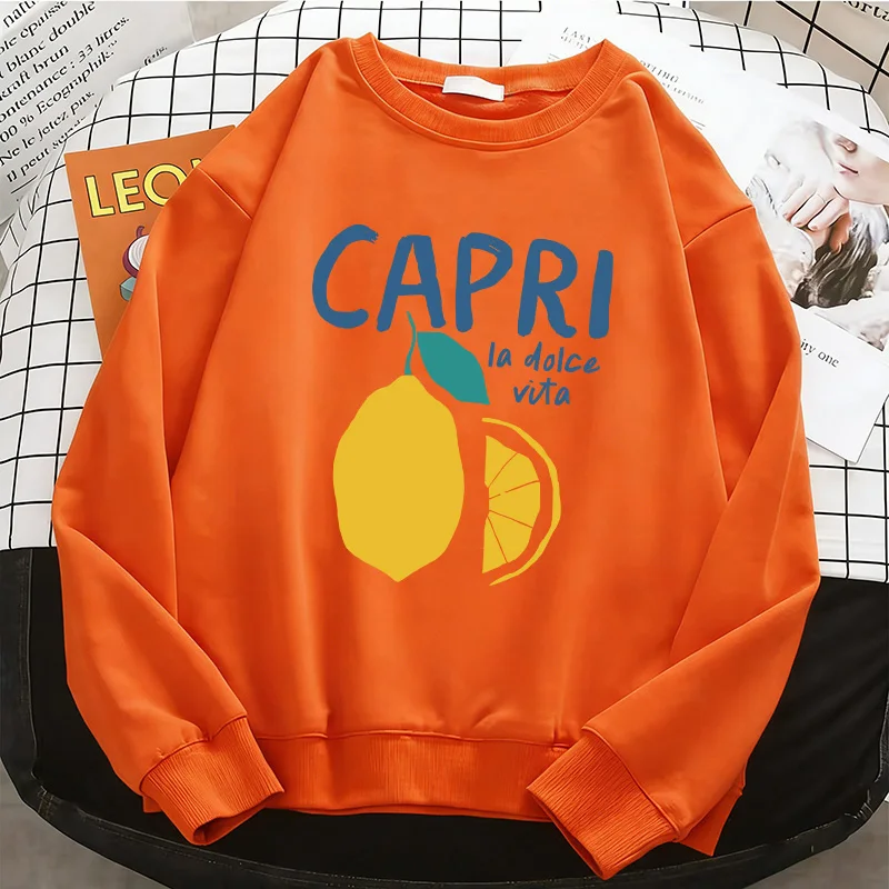 Streetwear Loose Fashion Lemon Design Y2k Vintage Womens Hoodies Fleece Sweatshirt Soft O-Neck Pullover Casual Female Clothes