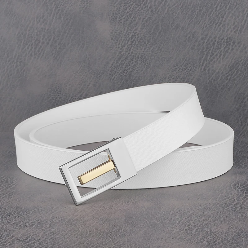 Cinturones de alta calidad 2,9 cm exquisita hebilla deslizante plateada marca de moda de lujo cuero genuino blanco casual correa de cintura joven B666