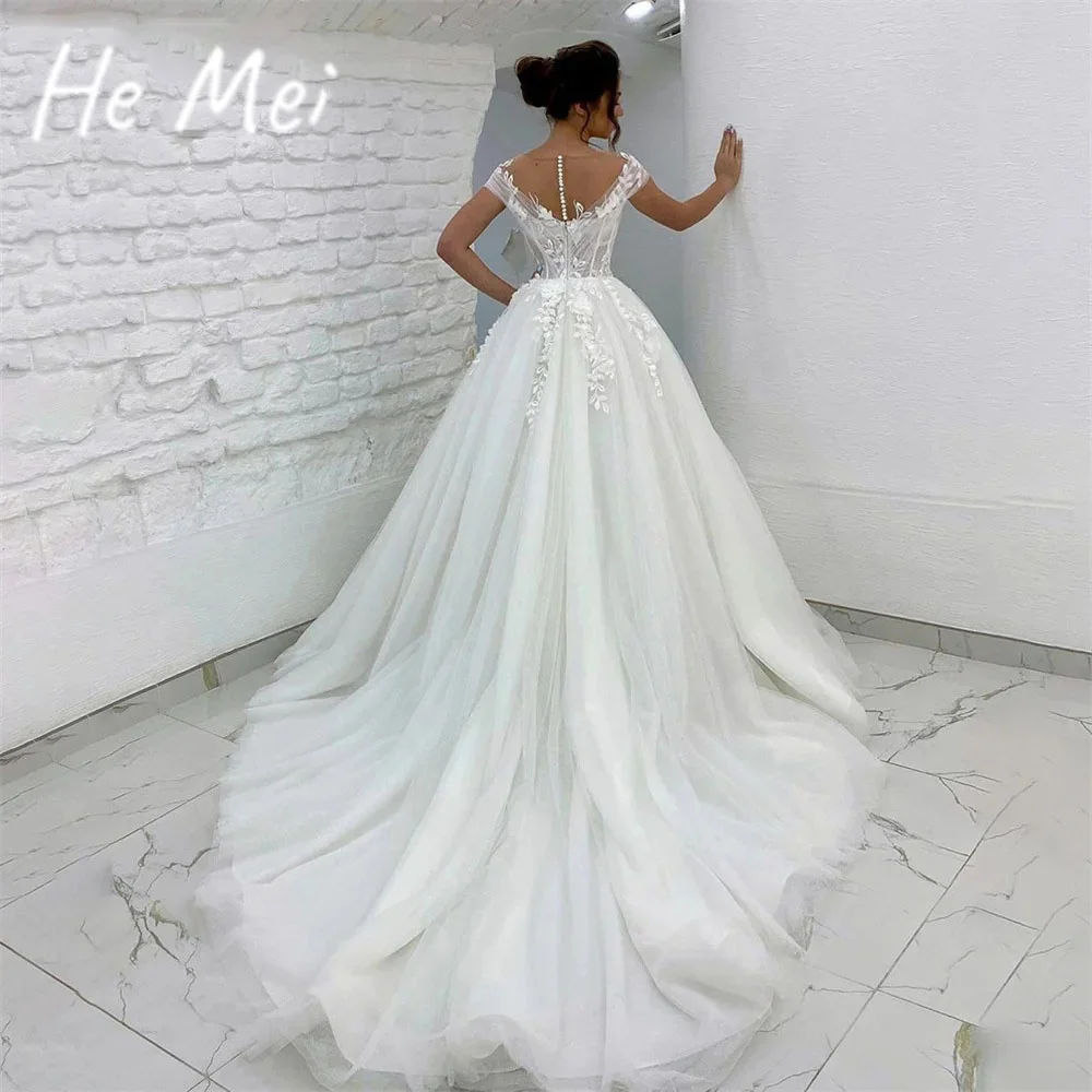 

Exquisite Wedding Dresses A Line Elegant Lace Applique Off The Shoulder Bridal Gown Court Train Illusion Dress vestido de novia