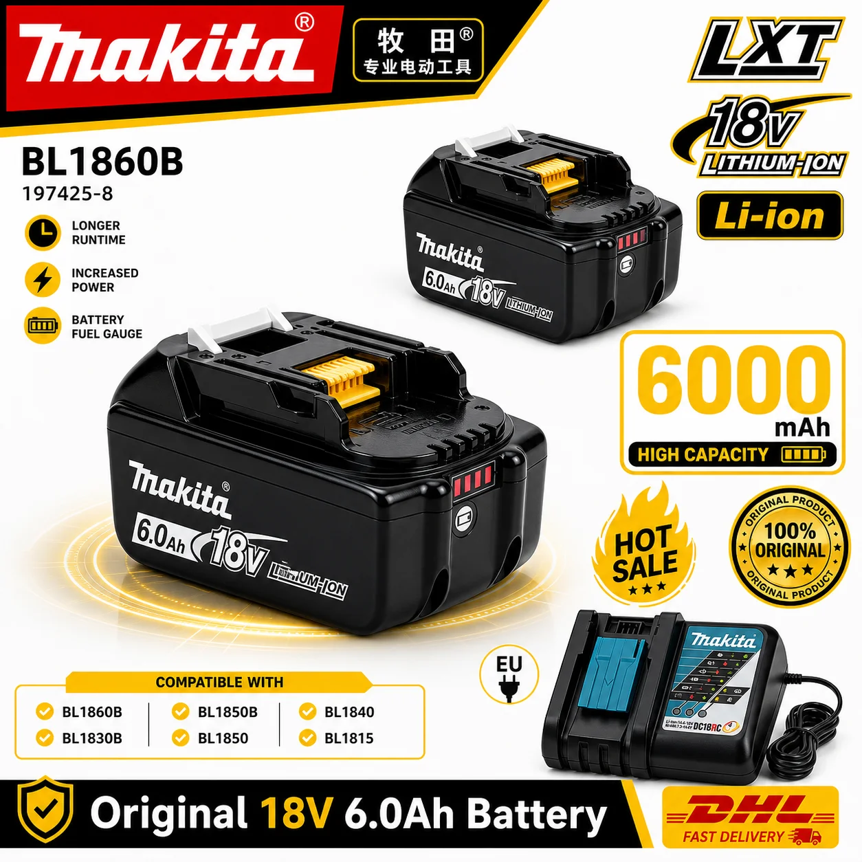 

100% Authentic Makita 18V 6.0Ah Rechargeable Li-ion Battery for Power Tools
