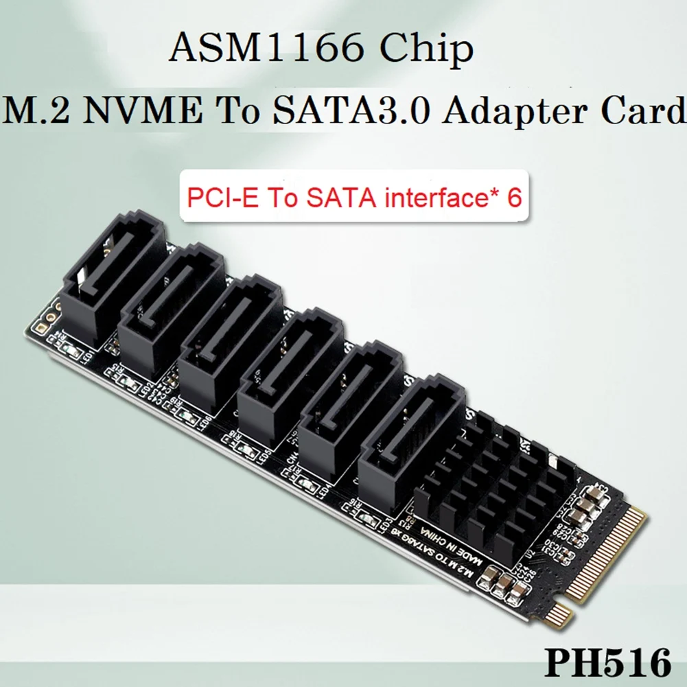 PCIE to SATA 6Gpbsx6-Port Expansion Card+SATA Cable M.2 MKEY PCI-E Riser Card M.2 NVME to SATA3.0 ASM1166 Support PM