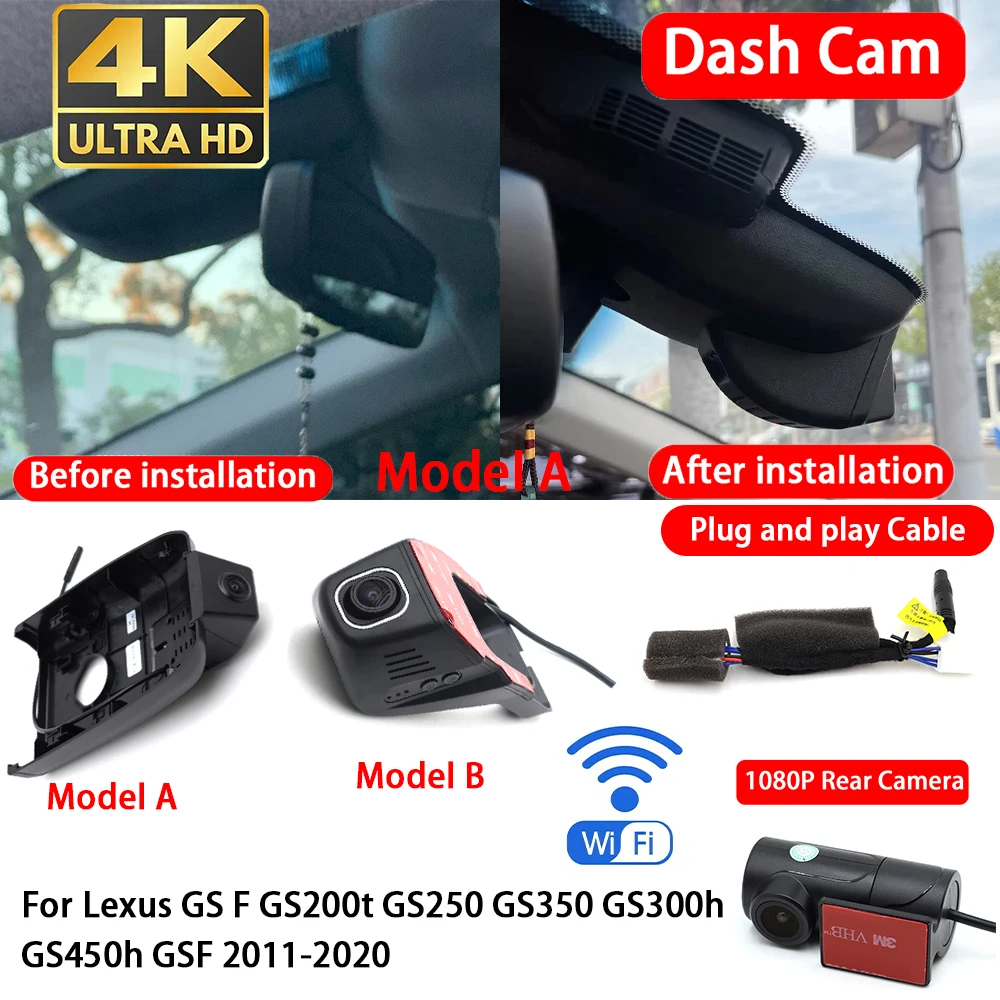 for Lexus GS F GS200t GS250 GS350 GS300h GS450h GSF 2011-2020 4K 2160P Dash Cam Front Rear Car Camera DVR Wifi Plug & Play