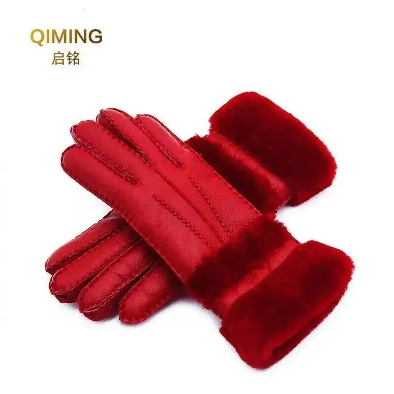 Winter Gloves Women Sheepskin cashmere Fur Warm Gloves Ladies Full Finger Fashion Genuine Leather mitten Five Finger gloves #S1