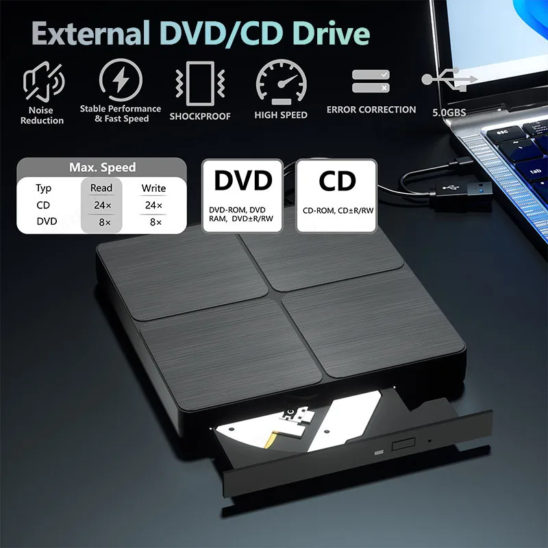 External Optical Drive USB 3.0 Portable CD DVD -/+RW Player Reader  Burner for Laptop PC Computer Notebook Windows 11