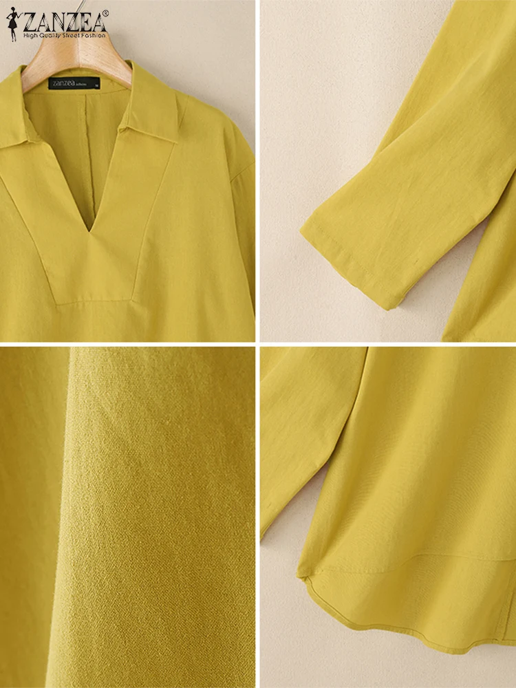 ZANZEA 2025 Jesień Damskie Bluzki High-Low Luźny Dekolt w Serek Długi Rękaw Bawełna Len Modne Bluzki Damskie Codzienne Casualowe Gładkie Topy