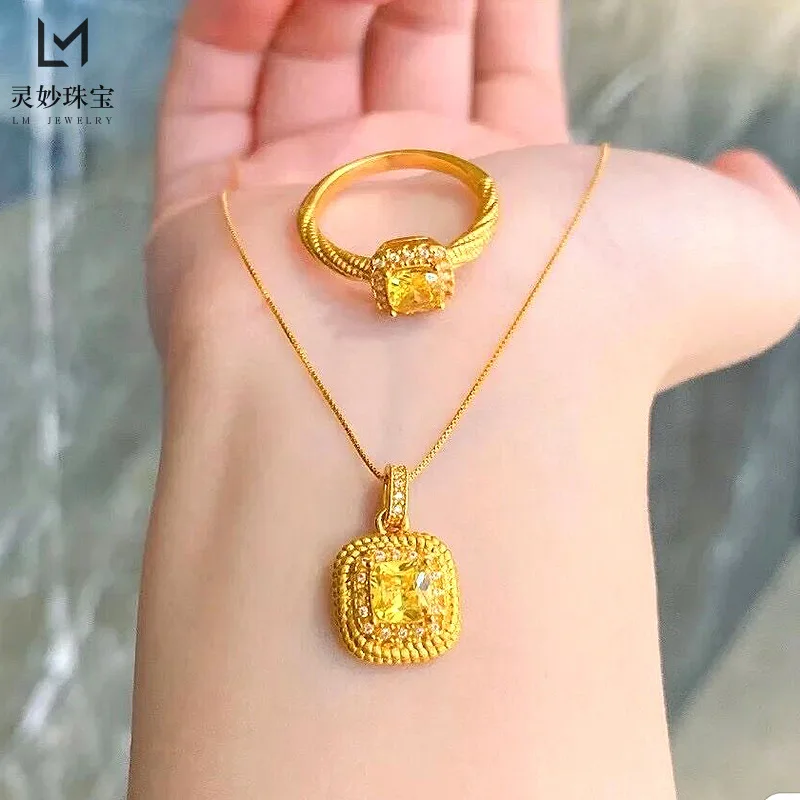 

Роскошные ювелирные изделия из настоящего золота 9999 24 карата, маленький кулон в виде сахара, ожерелье, кольцо с желтым бриллиантом, комплект серег, подарочный браслет для подруги