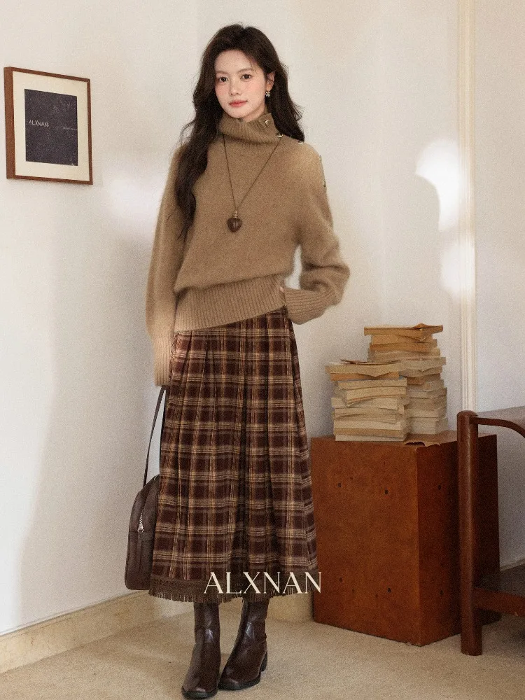 ALXNAN Vintage Plaid A-lijn Lange Rok Vrouwen Hoge Taille Geplooide Tartan Rokken Koreaanse Stijl Herfst Winter Leuke Rok Vrouwelijke L59923