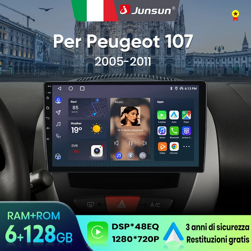 Image of Junsun Wireless CarPlay Android Autoradio für Peugeot 107 2005-2011 GPS-Navigation 8-Kern DSP RDS BT Radio Italien Service