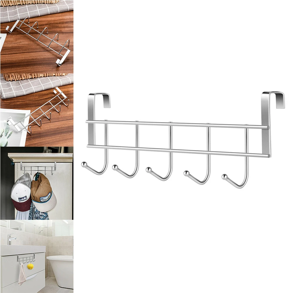 Stainless Steel Hanger Bracket 5 Hooks Door Behind Hook Storage Wall Hanging Clothes Bedroom Kitchen Bathroom Organizer Storage