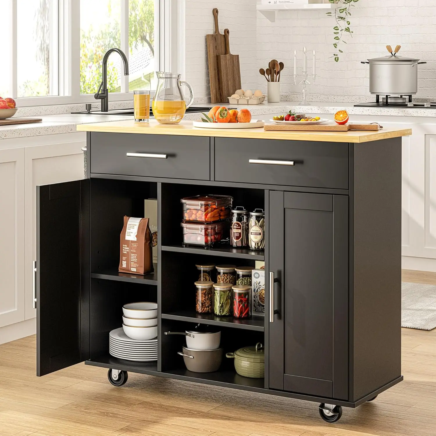 Kitchen Island with Storage Cart Table Rolling Butcher Block on Wheels Portable Large Mobile Counter Drop Leaf Moveable