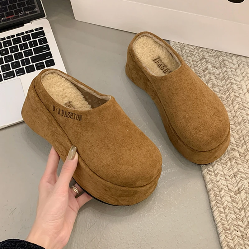 Platform Women Winter Fur Slippers Designer Brand Mules High Heels Suede Shoes 2025 Casual Woman Cotton Flip Flops Botas Mujer