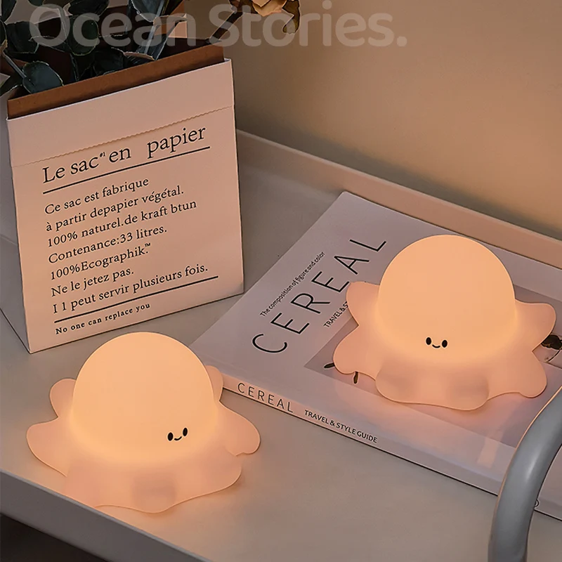 Ночник в виде осьминога, кальмар, мультяшный силиконовый ночник, перезаряжаемый светильник для украшения интерьера, окружающая лампа, детский подарок на день рождения