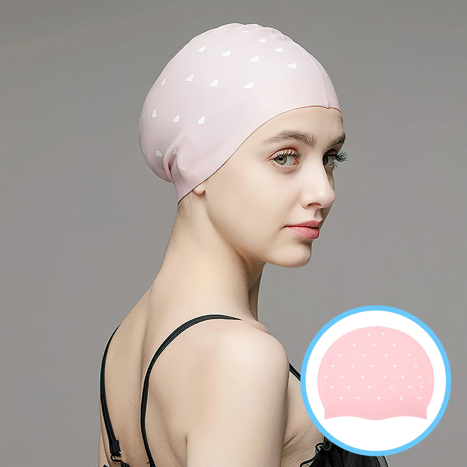 

Silicone Heart Pattern Pink Swimming Cap Elastic Waterproof Swim Hat Long Hair Ear Protection Comfortable Swimming Cap