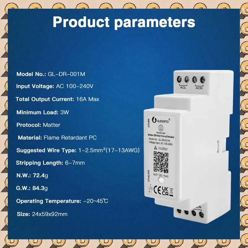 A003 GLEDOPTO Matter Wifi Din Rail Circuit Breaker 16A Max On OFF APP Voice For Household Electric Appliances Matter Hub Require
