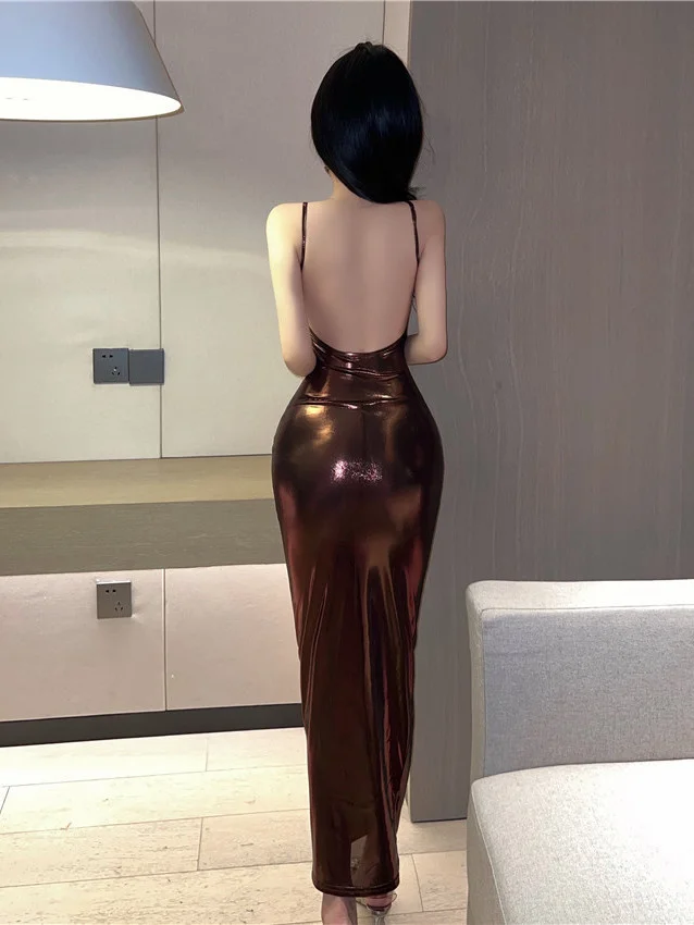 Sexy 2023 Summer Royal Sister Temperament backless Slim Long Lacquer Leather Fashion Solid color Wrap Hip Dress Women\'s KZCB