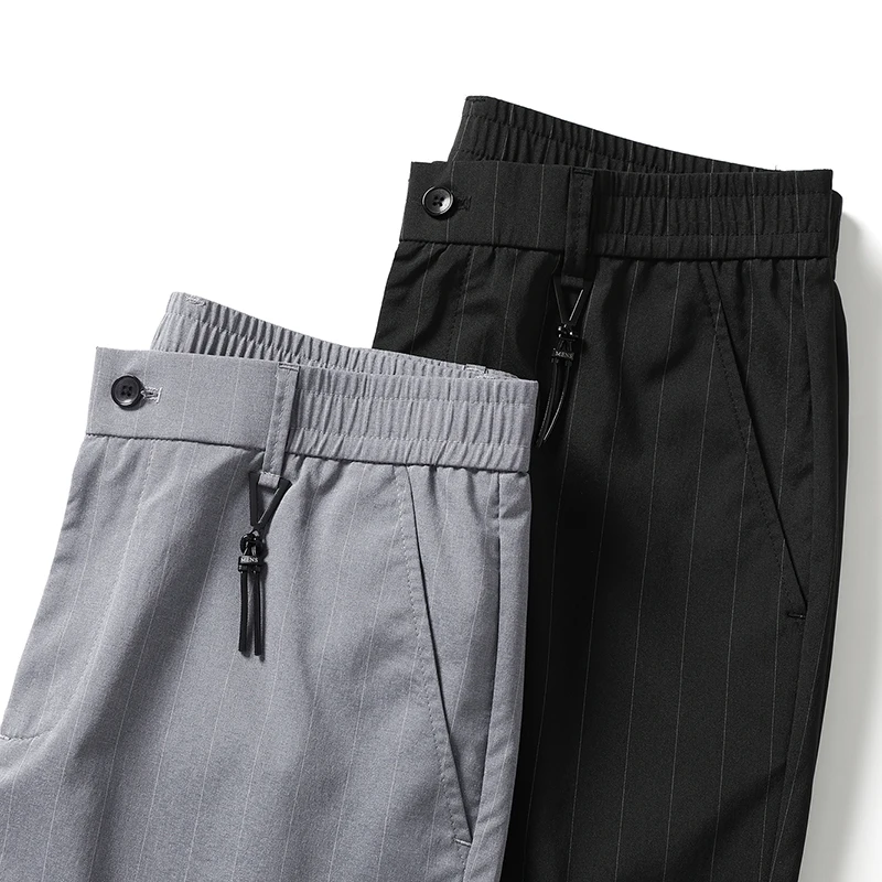 

Spring Summer Men's Stripe Casual Pants Slim Fit Trousers Business Leisure Elastic Waist Long Formal Pants Man Black Grey