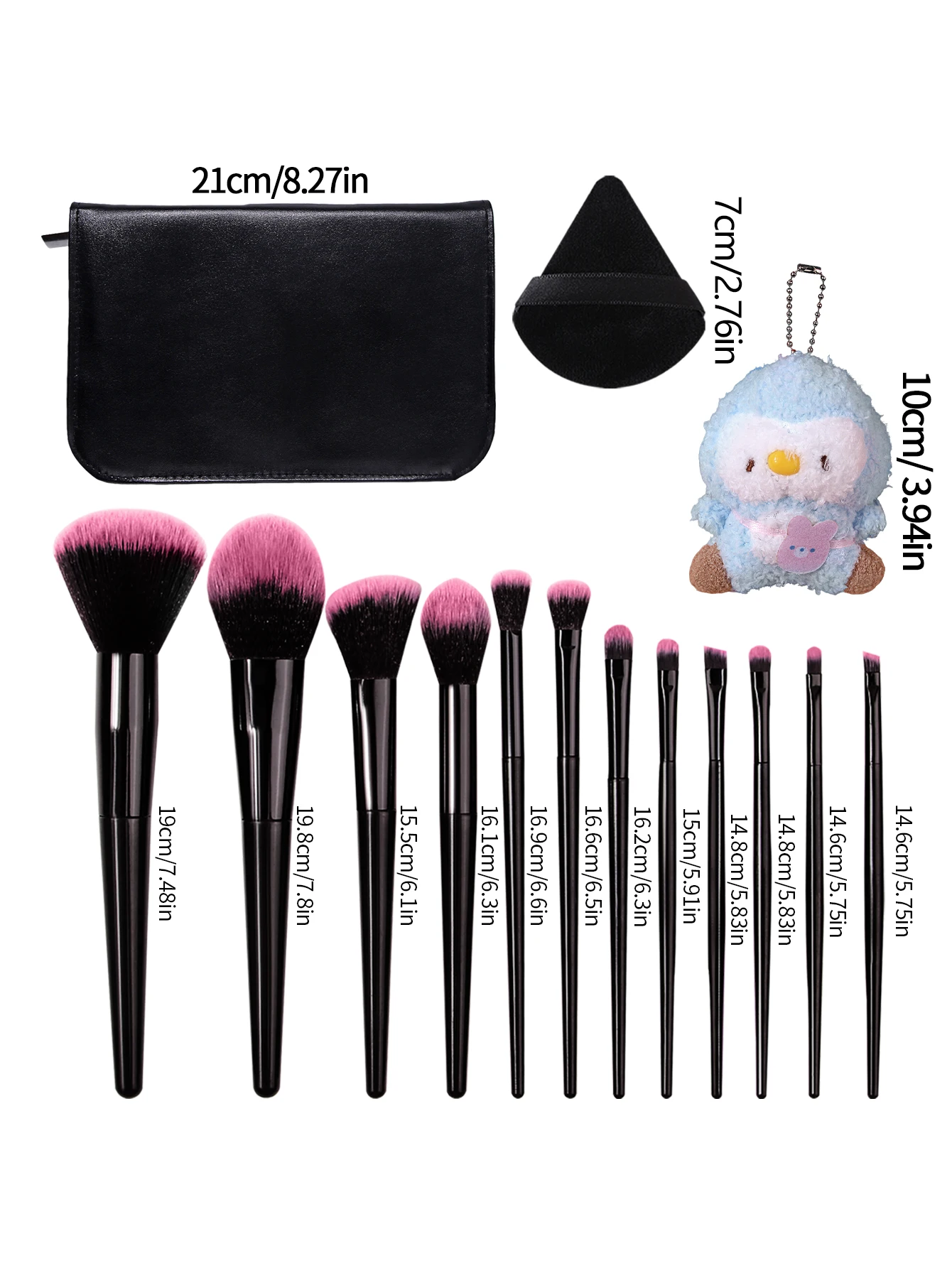 16Pcs Gradient Pink Makeup Brush Set Soft Synthetic Hair Face Eye Cosmetic Brushes With 2 Triangle Velvet Powder Puffs Black Mak