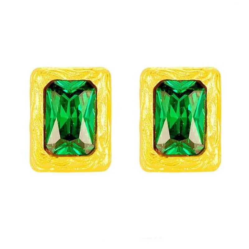 New 999 24K Yellow Gold Earrings Women Square Green crystal Stud Earrings