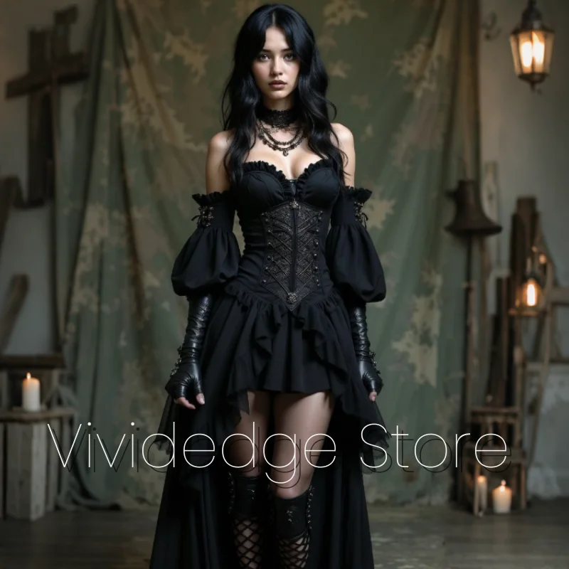 Maßgeschneidertes schwarzes Ballkleid aus dem Bürgerkrieg, schulterfrei, mit Rüschen besetzt, mittelalterliche Abendkleider mit asymmetrischem Saum aus dem 18. Jahrhundert