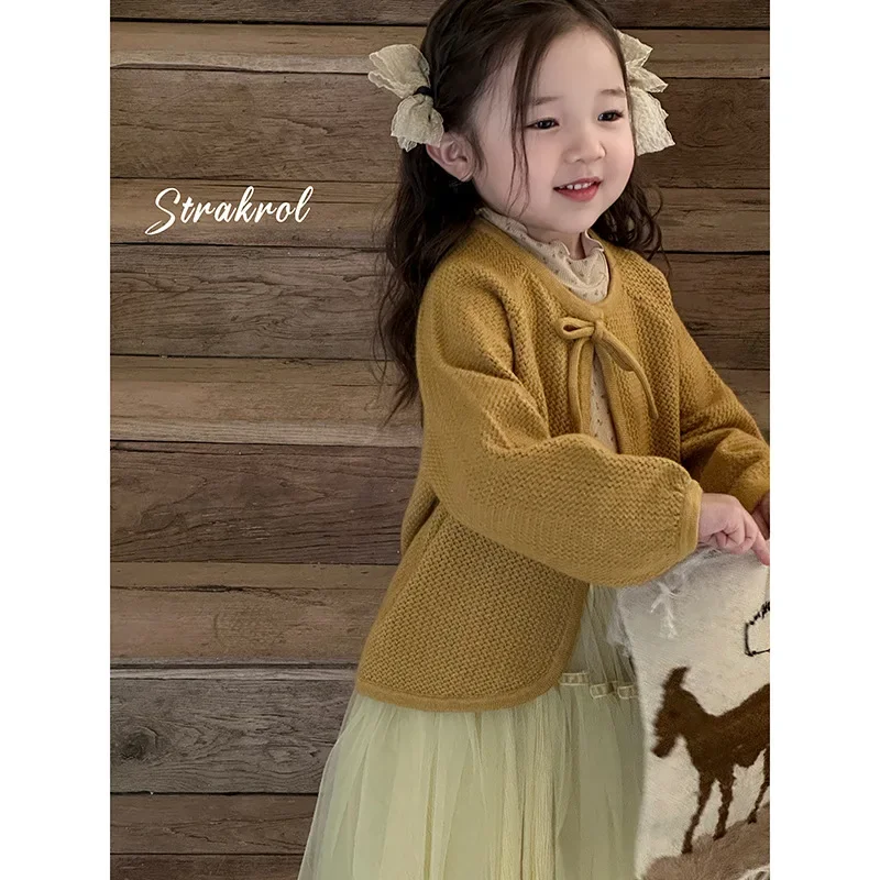 Girls Suit 2024 Autumn New Childrens Wear Korean Style Baby Girl Knitted Texture Yarn Cardigan Gauze Skirt Two-piece Set Casual