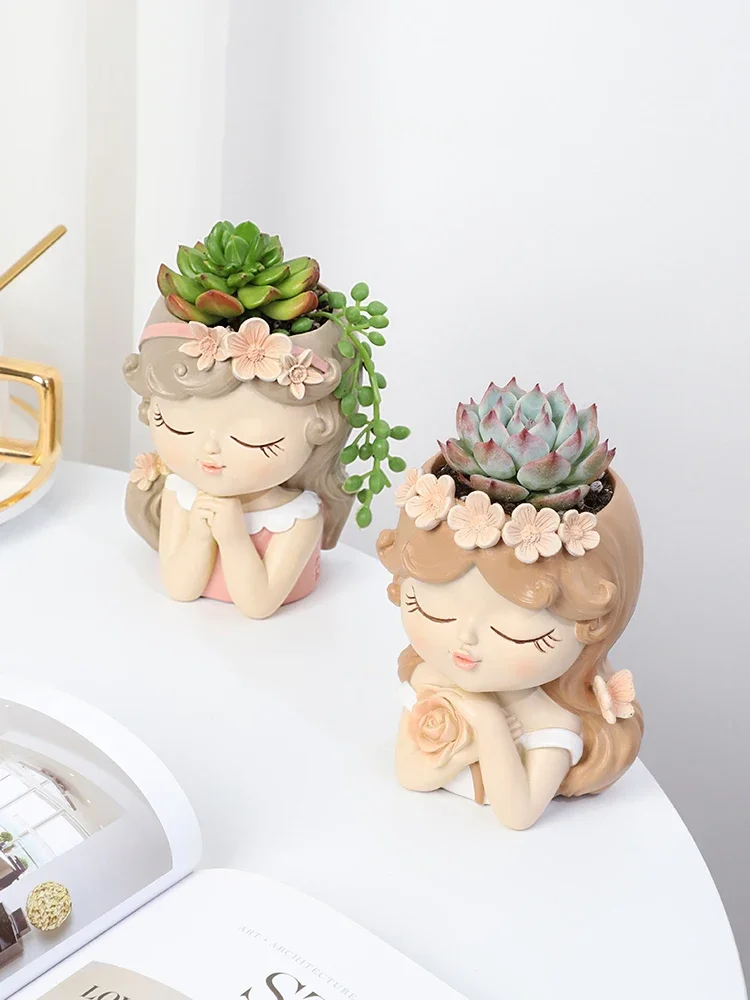 Maceta bonita para niña, plantas suculentas, maceta de resina, adorno de jardín de hadas, figuritas decorativas, decoración de mesa para el hogar