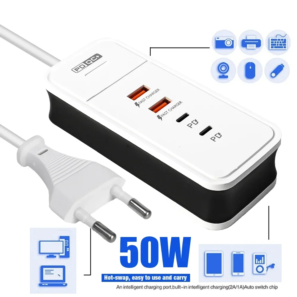 50W Multiple 4 Port USB Charger QC 3.0 PD Fast Charging Wall Charger for Mi Samsung iPad Mobile Phone US EU Travel Power Adapter