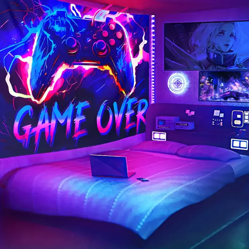 UV Reactive Gaming Room Tapestry Black Light Printed Gamepad Tapestry Wall Hanging Fluorescent Game Over Art Tapestry Home De
