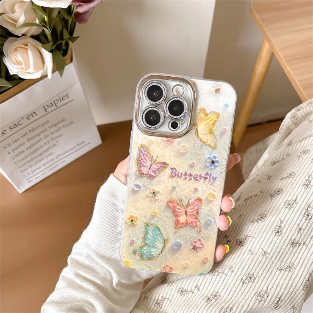 

Dot Rhinestone Butterfly Case for IPhone 17 ProMax 16 Pro 15 14 Oil Painting Ins Style Anti-drop Protective Cover