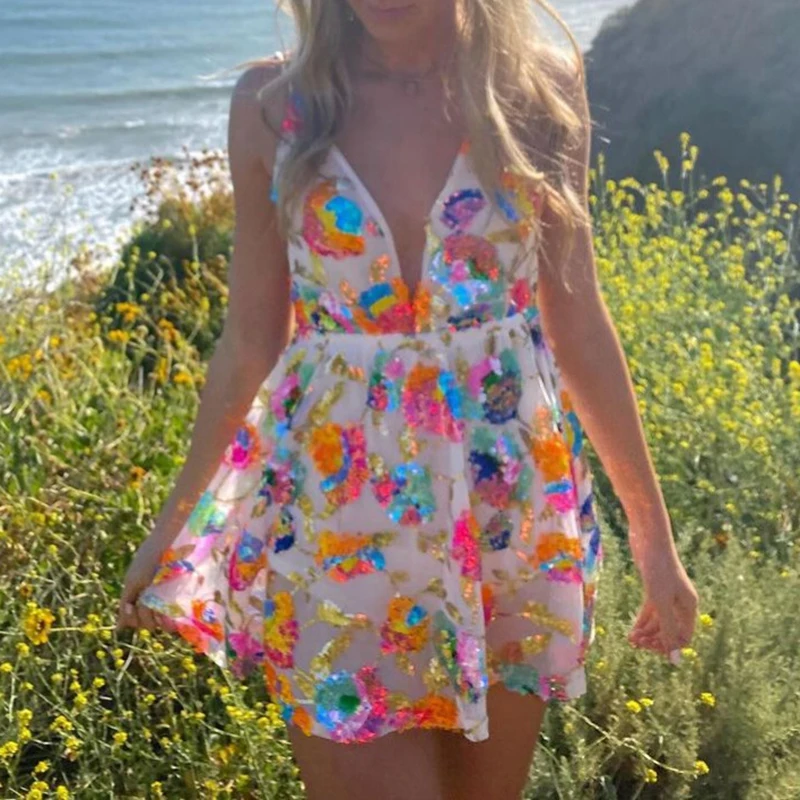 Sexy Sequin Floral Mini Nightclub Dress Women 2024 Deep V-Neck Backless Suspender Club Dress Chic A-line High Waist Party Dress